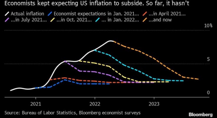 Chart showing economist projections on peak inflation and inflation reduction expectations.